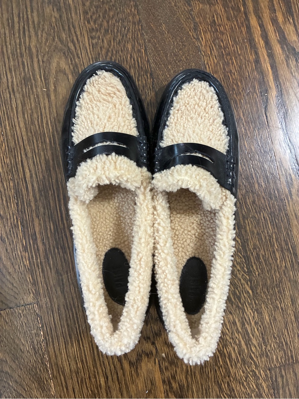 PAIGE Black Patent Loafers with Cream Shearling Lining